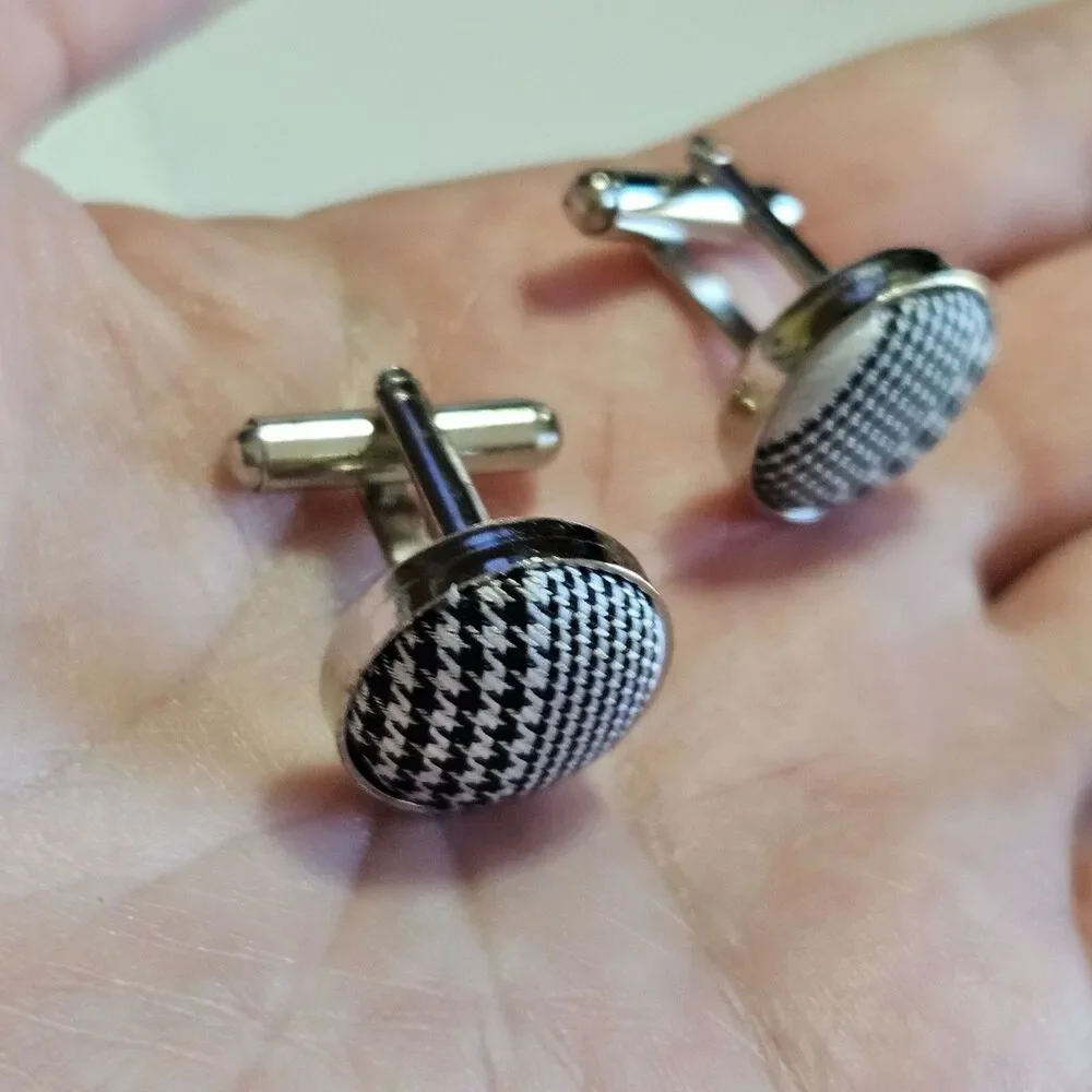 Men's Black and White Checkered Fabric Cufflinks Vintage Silver Tone